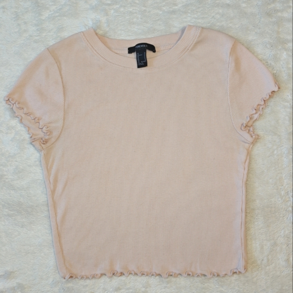 Forever 21 Medium Soft Pink‎ Lettuce Hem Trim Rib-knit Crop Top Short Sleeve